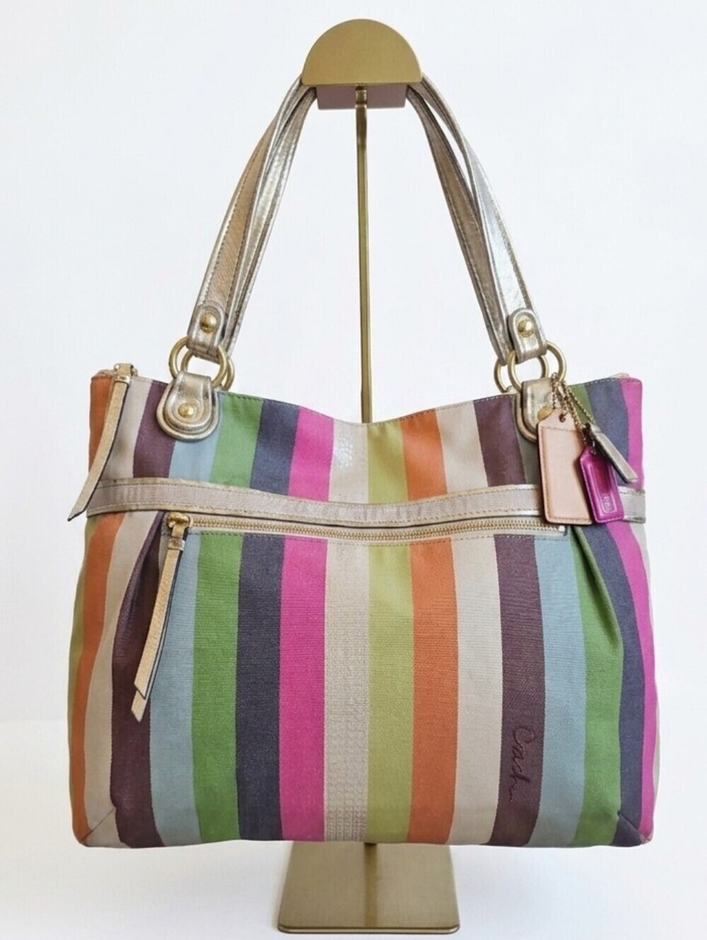 ​Coach 2011 Poppy Sequin Legacy Stripe Glam Tote - Chartreuse Interior - EUC